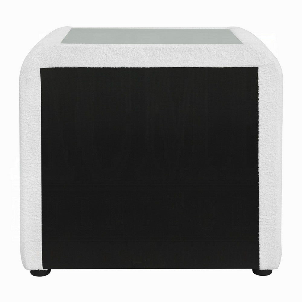 Kery Glass Top Nightstand | 2 Drawers | White Teddy Sherpa Upholstery