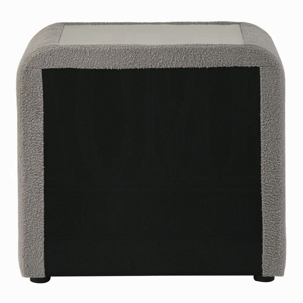 Kery Nightstand | 2 Drawers | Glass Top | Gray Teddy Sherpa Upholstery
