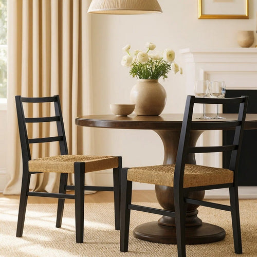 Wrenn Dining Side Chair Set of 2 | Faux Rattan Woven Seat | Black Wood