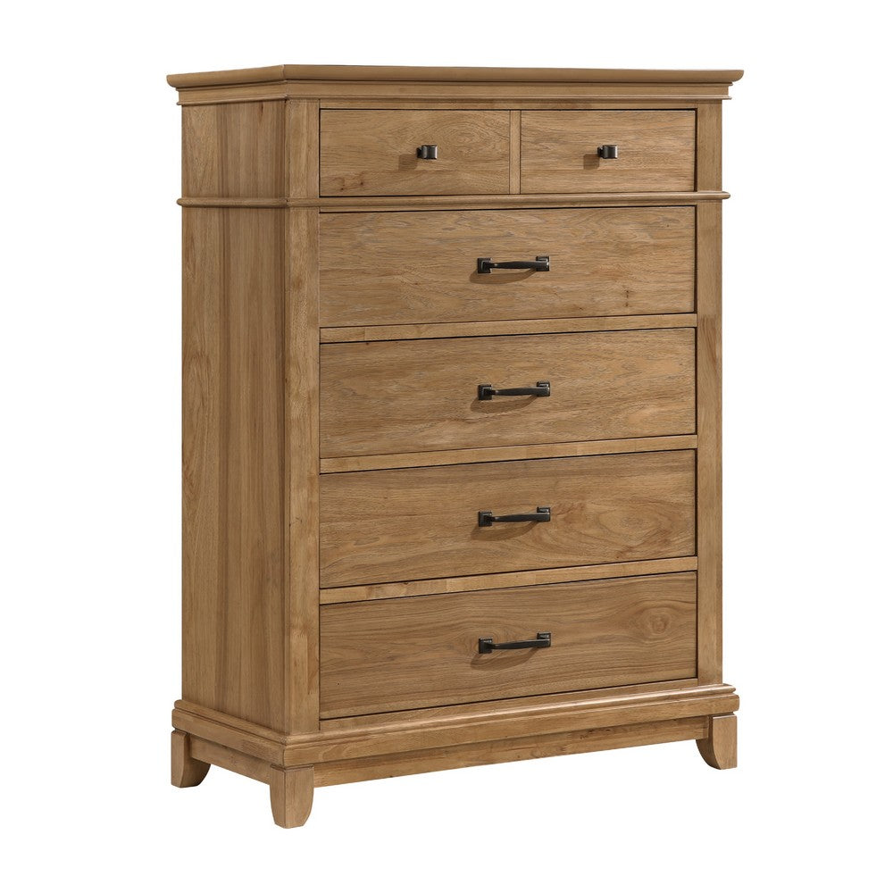 Seny Tall Dresser Chest | Natural Honey Brown Rubberwood | 5 Drawers