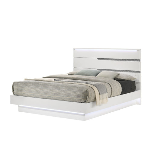 Pery Cal King Size Platform Bed | Glam White | Silver Accent LED Headboard