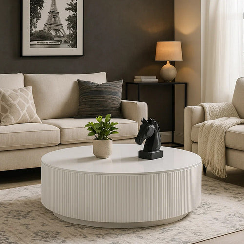 Del Modern Coffee Table | 47" Round Top | Glossy White Ribbed Base