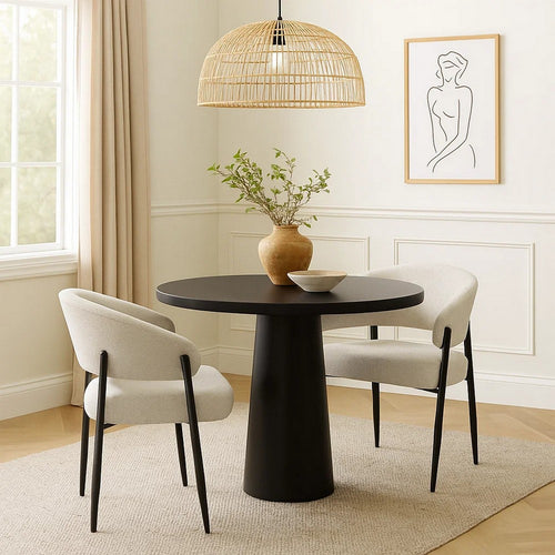 Jexy Dining Armchair Set of 2 | Beige Chenille | Barrel Back | Black Metal