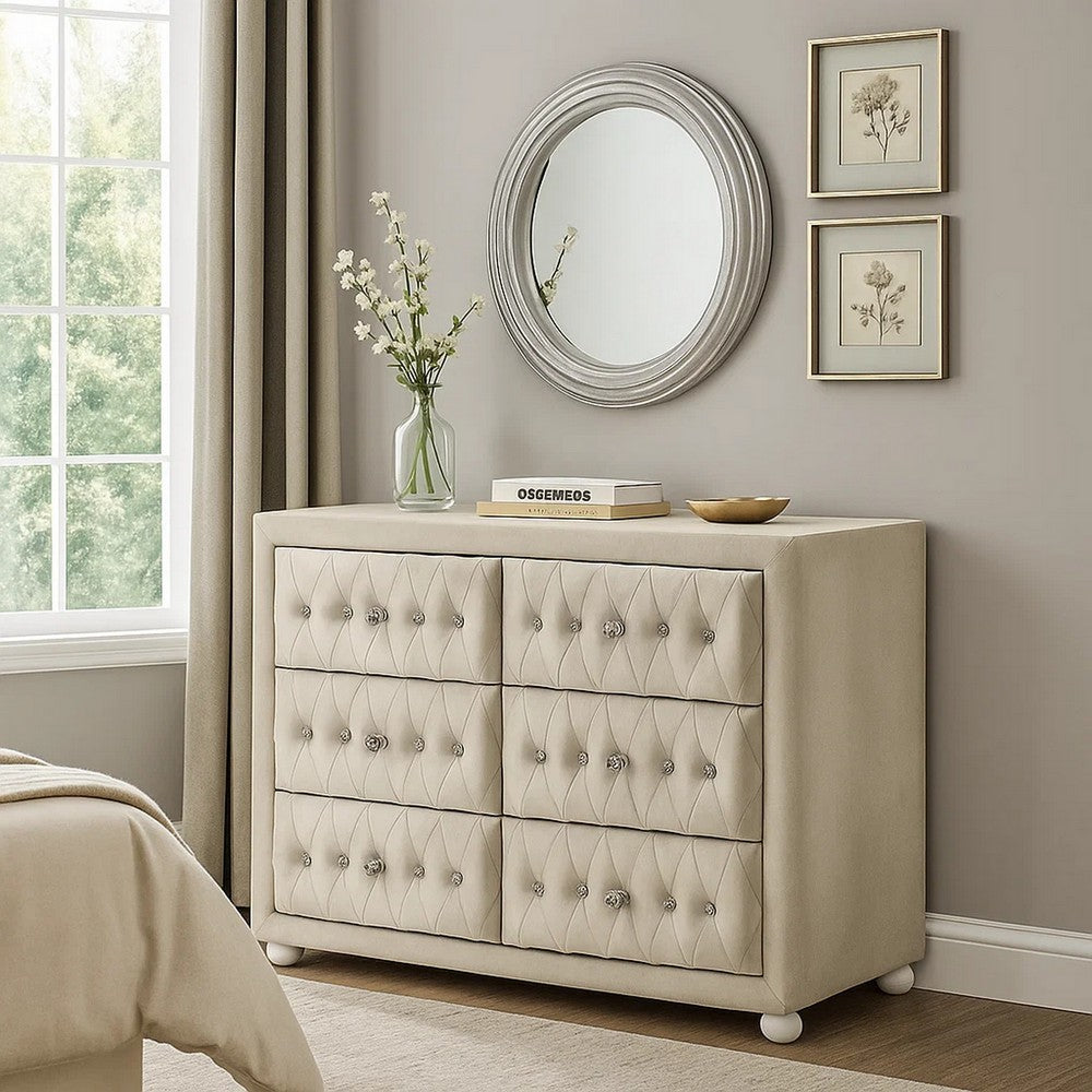 Benzara Rex 40 Inch Wide Dresser-6 Drawers-Crystal Tufted Beige Upholstery one_size