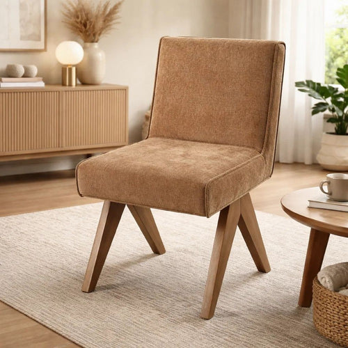 Sery Dining Side Chair Set of 2 | Chocolate Brown Chenille | Wood Legs