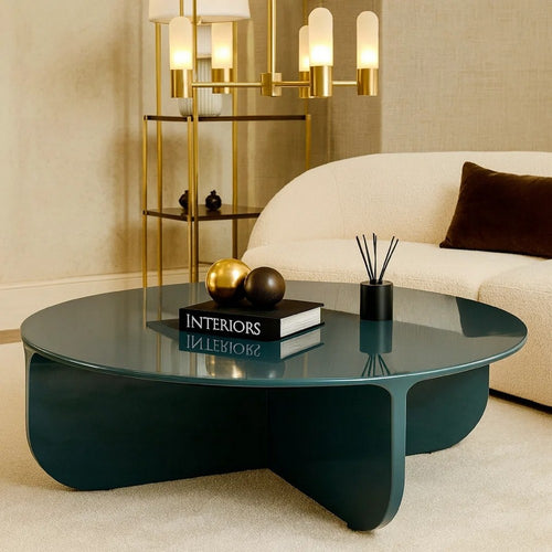 Lemy Coffee Table. 39" Round Top w Pedestal Base | Teal Blue Wood