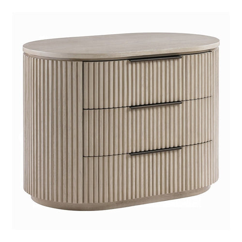 Dery Nightstand w USB Ports | 3 Ribbed Front Drawers | Light Oak Brown