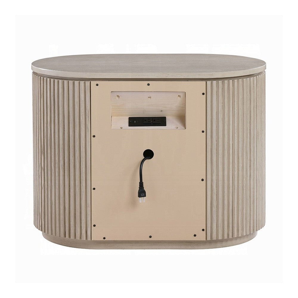 Dery Nightstand w USB Ports | 3 Ribbed Front Drawers | Light Oak Brown