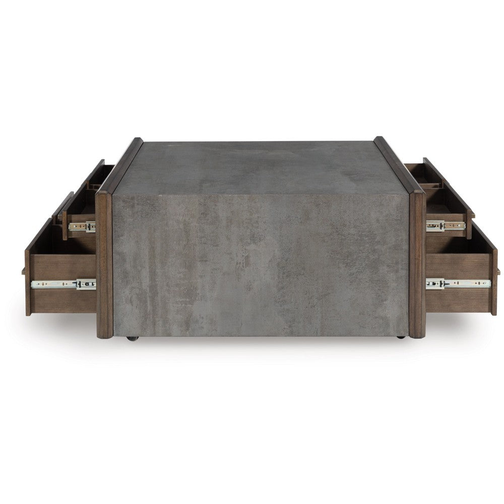 Kio Coffee Table | 40" Square Faux Cement Top & 8 Drawers | Brown