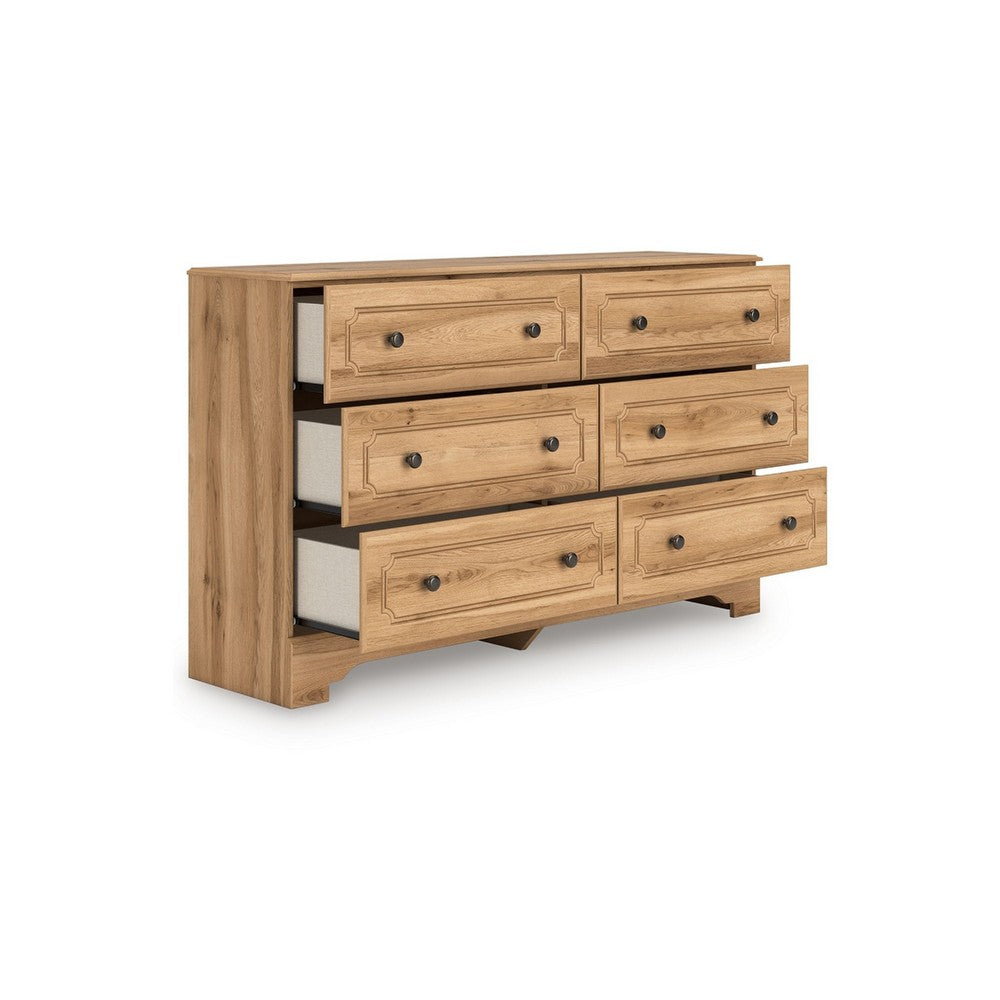 Alia Wide Dresser, 6 Drawers, Vintage Style Nickel Knobs, Brown Wood Benjara