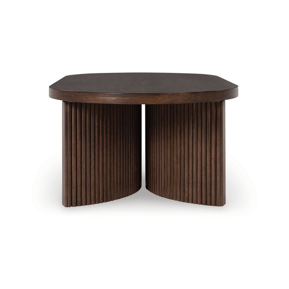 Jeno Coffee Table | 51" Oval | 4 Curved Reeded Plinth Bases | Brown Wood