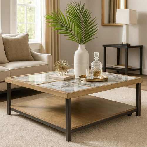 Tey Coffee Table w Caster Wheels | 48" Square | Sintered Stone | Brown