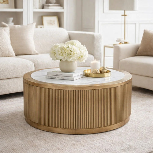 Dill Coffee Table on Caster Wheels | 42" Round Faux Marble | Reeded Brown