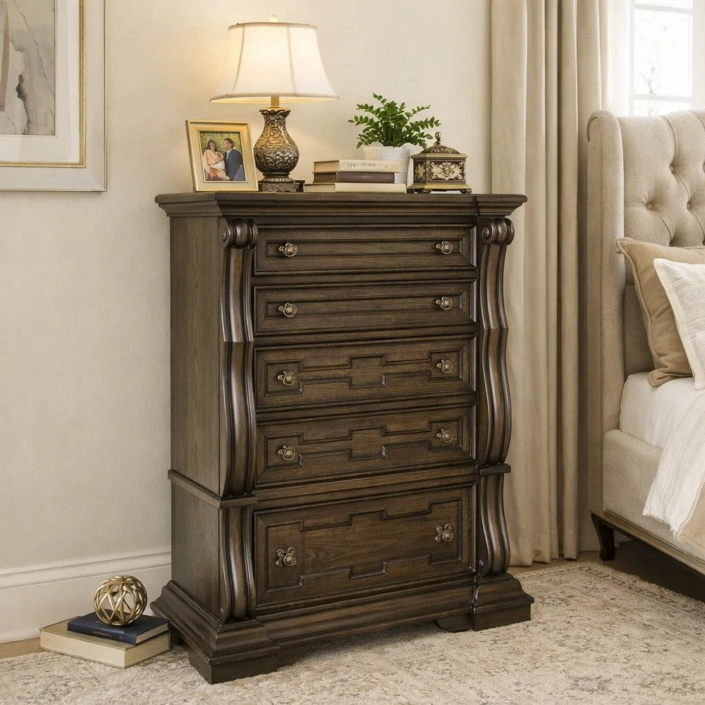 May Tall Dresser Chest | 5 Drawers w Antique Gold Knobs