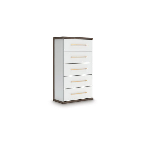 Keny Tall Dresser Chest | 5 Drawers w Gold Metal Handles | Brown & White