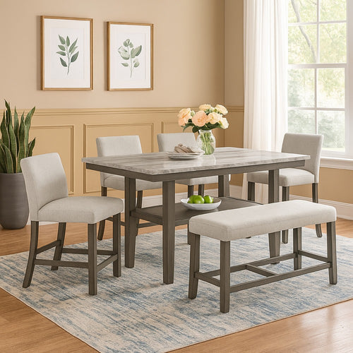 Jeny 6pc Counter Height Dining Set | Gray Bench Chairs | 60" Faux Marble