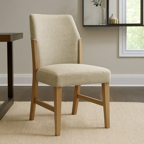 Lemy Dining Chair Set of 2 | Beige Linen Upholstery | Oak Brown Finish
