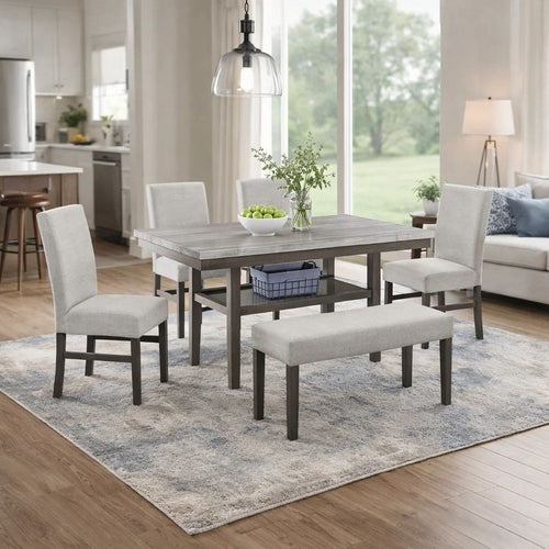 Jeny 6pc Dining Set | 60" Faux Marble Top with 4 Gray Chairs, Bench