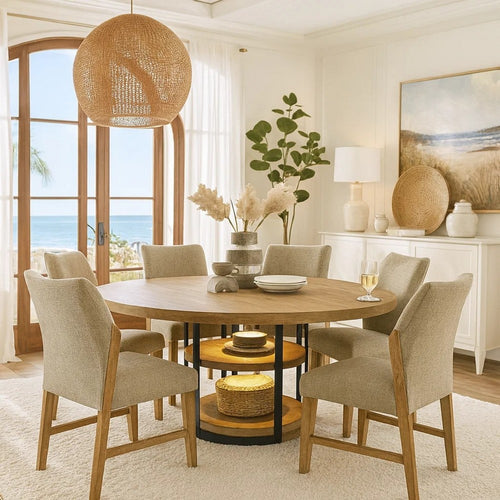 Lemy 7pc Dining Table Set | 59" Round Top w 2 LED Shelves | Oak Brown