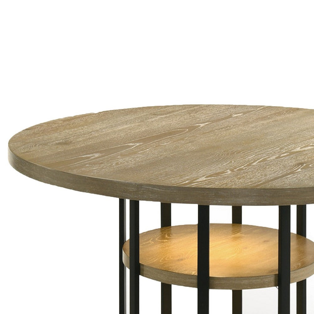 Lemy Dining Table | 59" Round Brown Top w 2 LED Shelves | Metal Legs