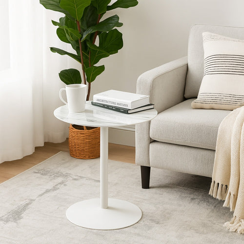 Ciry Side End Table | 18" Round Marble Glass Top | Steel Base | White