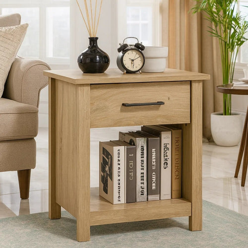 Kele Nightstand | 1 Drawer w Black Handle | 1 Shelf | Light Oak Brown