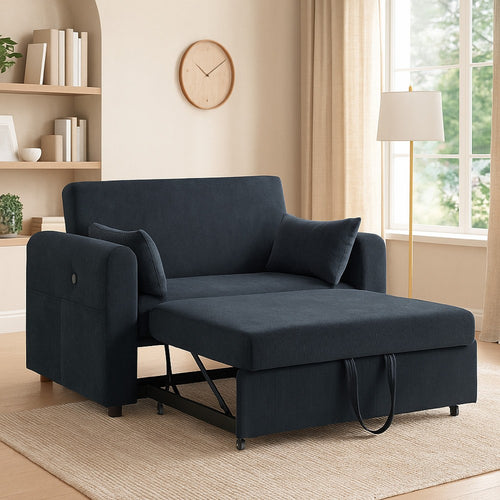 Mea 55" Convertible Sleeper Loveseat | 2 Pillows | USB | Black Corduroy