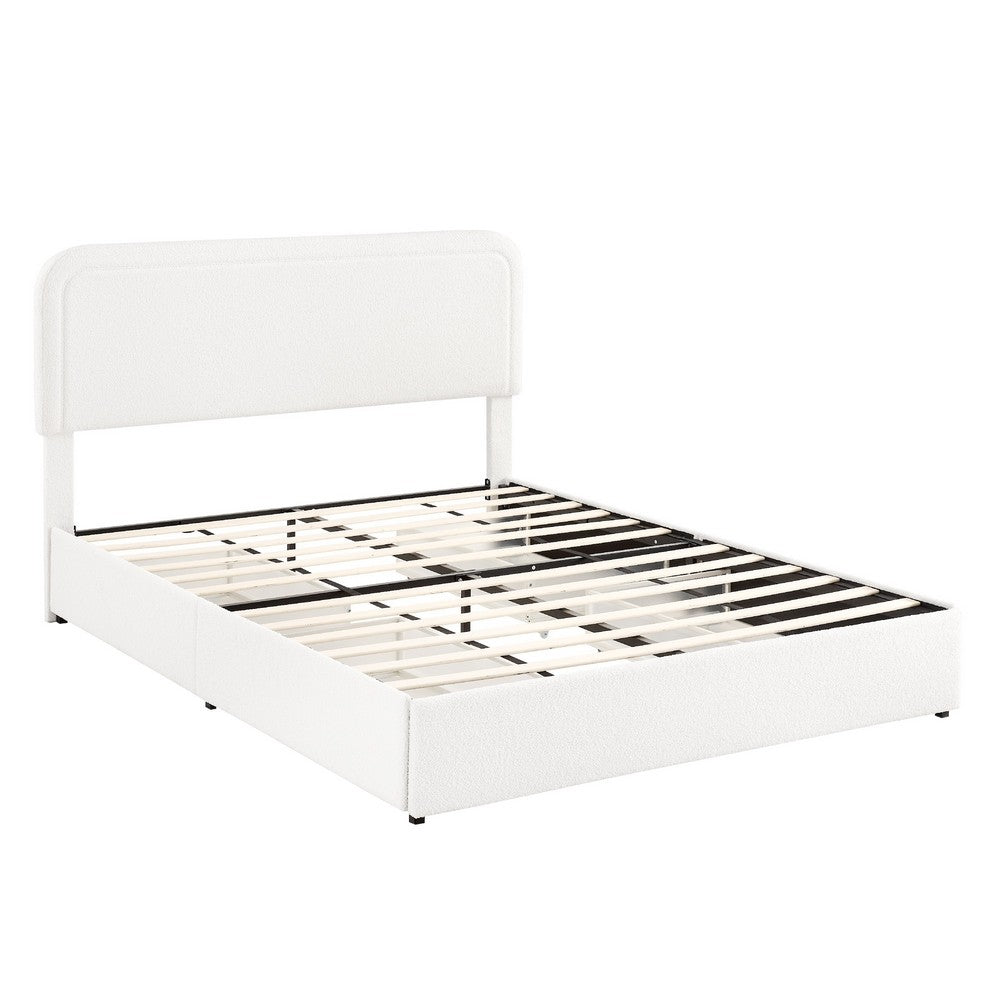 Lez Queen Size Platform Bed | 4 Storage Drawers | Ivory Boucle Upholstery