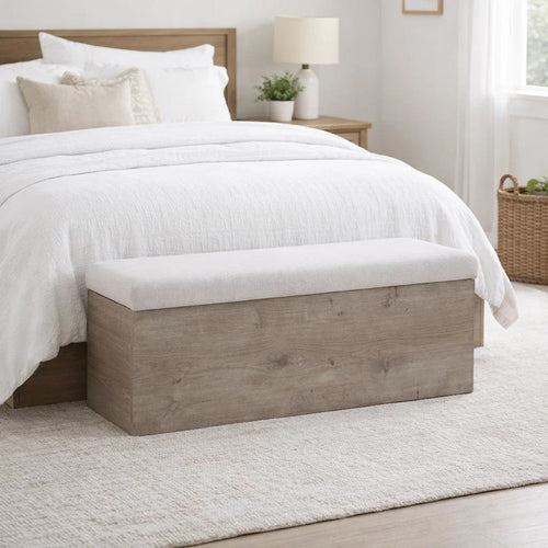 Sely Bench with Flip Top Storage | 46" Padded Ivory Seat | Light Gray