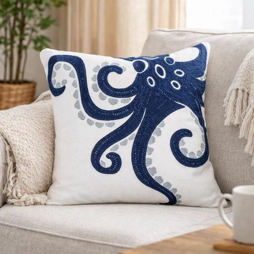 Modern Throw Pillow Cover | Blue White Octopus Design | Cotton 20" Square