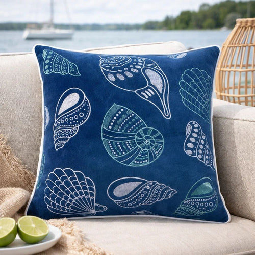 Coastal Shell Design Throw Pillow Cover | Indigo Velvet | 20" Square