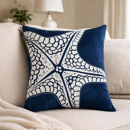 Throw Pillow Cover | Starfish Design | Coastal Indigo Velvet 20" Square