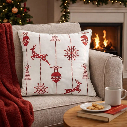 Throw Pillow Cover | Red Embroidered Reindeer & Snowflakes | 20" Square