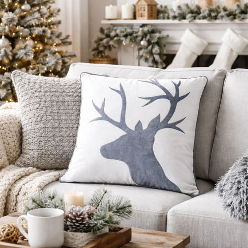 Holiday Accent Pillow Cover | White & Gray Reindeer Velvet | 20" Square