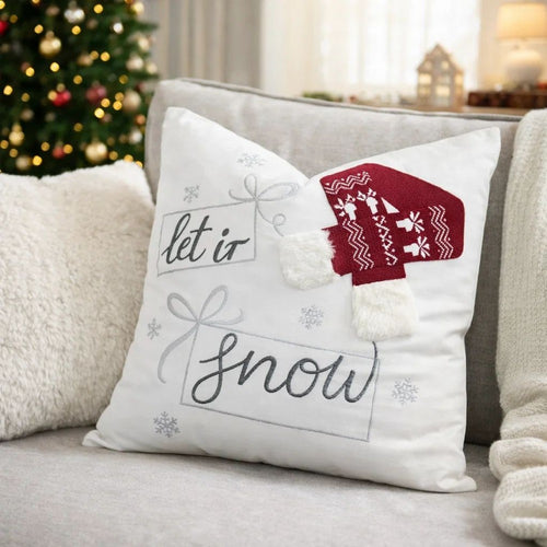 Throw Pillow Cover | Let It Snow Christmas Red Knit Hat | 20" Square Insert