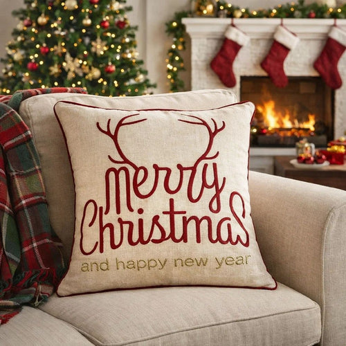Throw Pillow Cover | Merry Christmas | Red Gold Accents | 20" Square Insert
