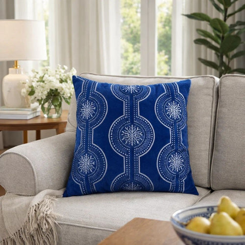 Zey Throw Pillow Cover | Snowflake Embroidered Blue Velvet | 20" Square