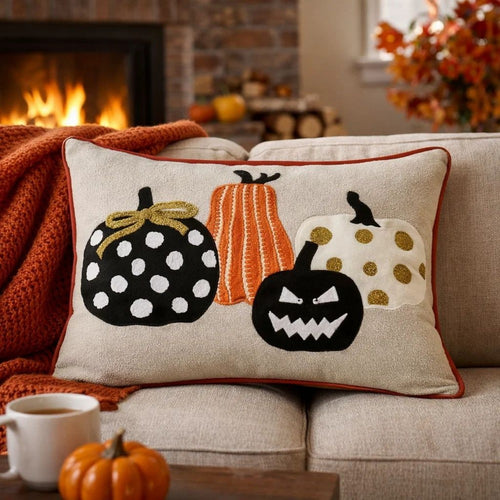 Lumbar Throw Pillow Cover | Hallow Pumpkin Embroidered | Black Linen 14x20