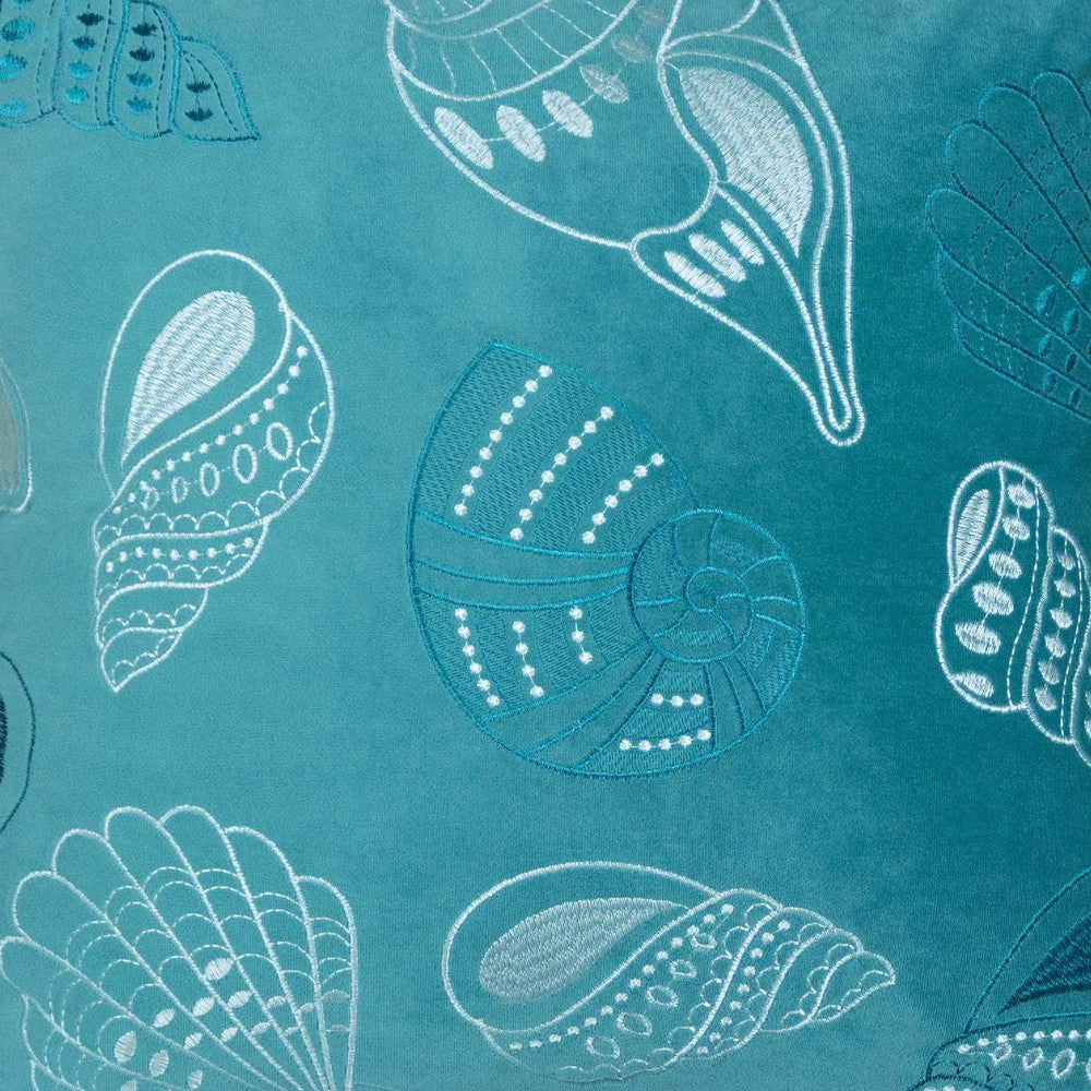 Meo Throw Pillow | Embroidered Seashell Pattern Blue Velvet | 20" Square
