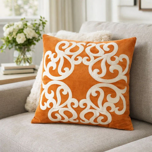 Dery Throw Pillow | Vintage Vine Accented Orange Velvet | 20" Square