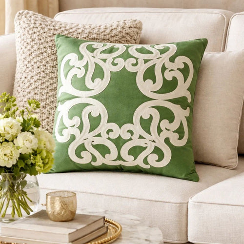 Dery Throw Pillow | Vintage Vine Accented Green Velvet | 20" Square