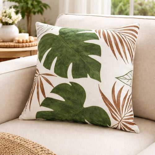 Lefy Accent Pillow | Green Autumn Leaf Design White Velvet | 20" Square