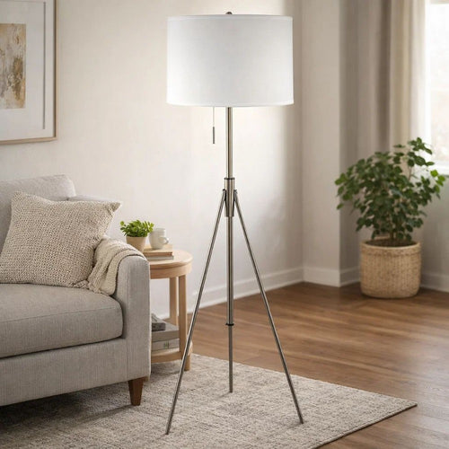 Simi Floor Lamp | Adjustable Tripod | White Linen Shade | Nickel Metal