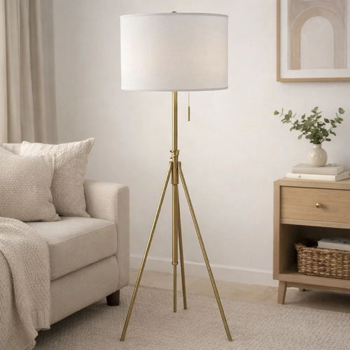 Simi Floor Lamp | Adjustable Tripod | White Linen Shade | Gold Metal