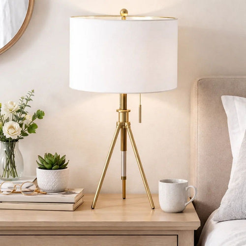 Simi Table Lamp | Adjustable Tripod | White Linen Shade | Gold Metal