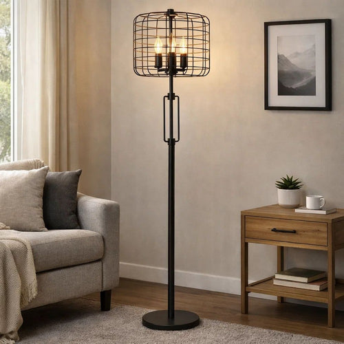 Emon 3 Bulb Floor Lamp | Matte Black Metal Industrial Cage Shade