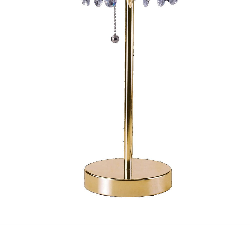 Table Lamp | Hanging Crystal Bead Shade | Pull String Switch | Gold Metal