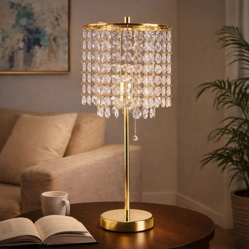 Table Lamp | Hanging Crystal Bead Shade | Pull String Switch | Gold Metal