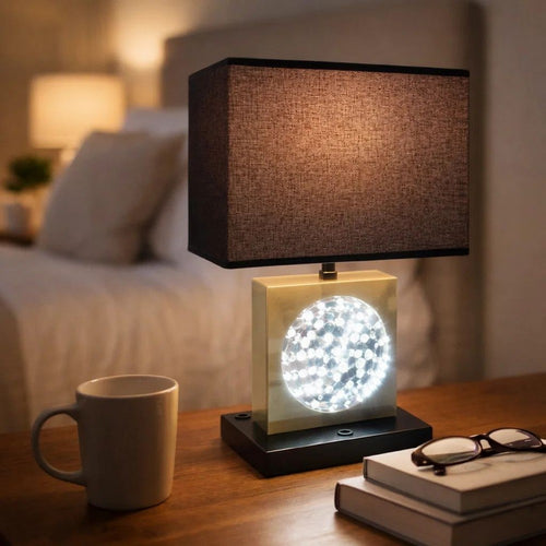 Table Lamp with Night Light & USB | Gold, Black Base with Crystal Accent