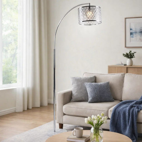 Arch Floor Lamp | Lattice Crystal Shade | Chrome Metal | Round Marble Base